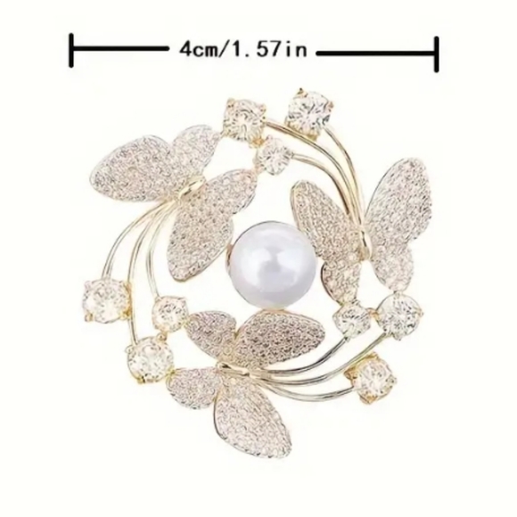 Butterfly Rhinestone Pearl Brooch Pin - Picture 4 of 7